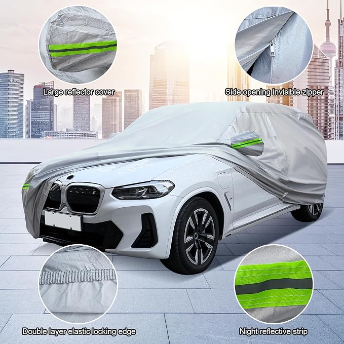 Full Car Cover Universal 6 Layers Outdoor Thicked All Weather Cover, Sunshield, Waterproof, Snow Proof, UV Proof, Scratch Proof, Bird Droppings, 6 Reflective Strips, Fits SUVs up 205"-216"