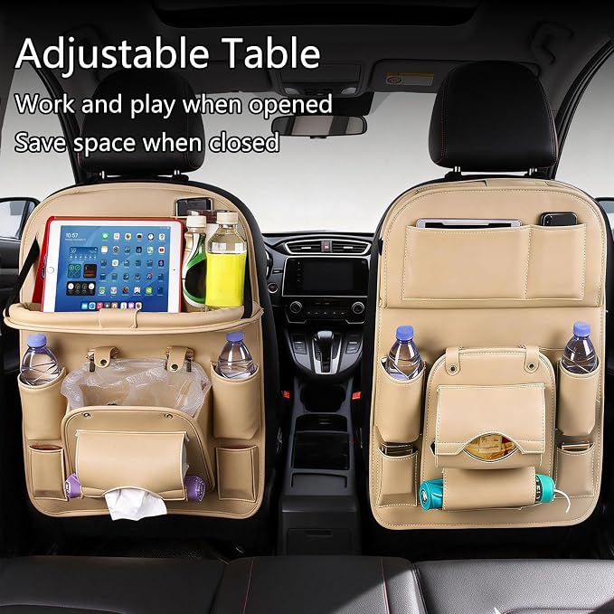 Backseat Car Organizer with Tray, 2 Pack Leather Seat Storage, Cream | Foldable Tray Table,Trash Can Pocket,Kick Mat Protector,Easy-Clean Leather,2 Pack for Front Seats