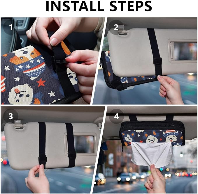 Car Visor Tissue Holder Mask Holder for Car, Car Tissue Box Sun Visor Napkin Holder Car Visor Accessories Adjustable Straps Reusable Durable Easy to Install July 4th Cute Dogs Blue