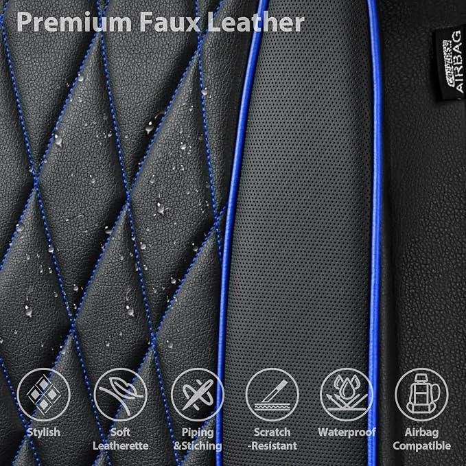 CAR PASS Piping Luxury PU Leather Two Front Car Seat Covers,Waterproof Anti- Slip Seat Covers Compatible with Front Seat Armrests,Universal Fit for Suvs,Vans,Trucks,Airbag Compatible(Black and Blue)