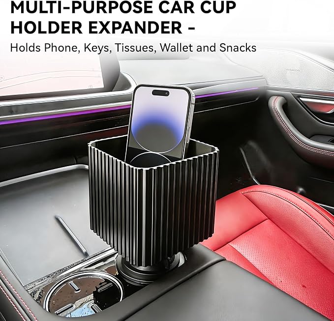Half-Gallon Car Cup Holder Expander Organizer with Adjustable Base | Anti-spill | 4.33"*4.33"*3.94" holds half-gallon iced tea |Dual storage drinks & small gear|2.56"-3.94" adjustable base