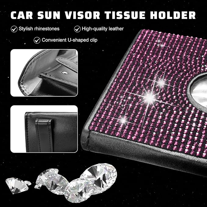 Bling Car Sun Visor Tissue Box Holder, Sparkling Auto Sun Visor Napkin Box Mask Holder, PU Leather Glitter Rhinestone Backseat Paper Towel Case for Cars Trucks SUVs (Pink)