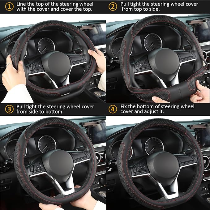 West Llama Customized Auto Car Steering Wheel Cover for Nissan,D Shaped Steering Wheel Cover for Rogue,Altima,Kicks (D-Shaped-Black+Red Line)