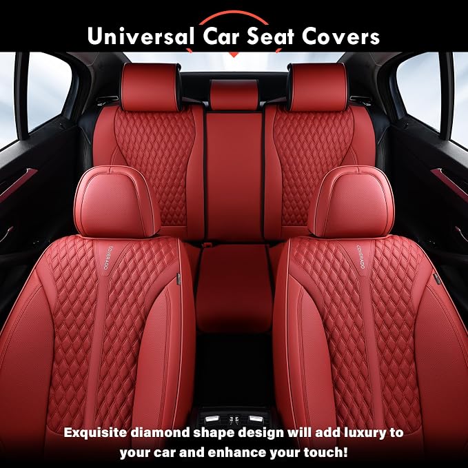 Coverado Car Seat Covers Full Set, Red Car Seat Cover, Luxury Leather Seat Covers for Cars, Waterproof Front and Back Car Seat Protector, Car Seat Cover Universal Fit for Most Cars