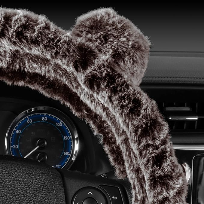 BDK Bear Fur Steering Wheel Cover, Plush Faux Fur Fuzzy Steering Cover for Car Truck Van SUV, Standard Size Fits Wheels 14.5-15 in Diameter, Brown with Ears