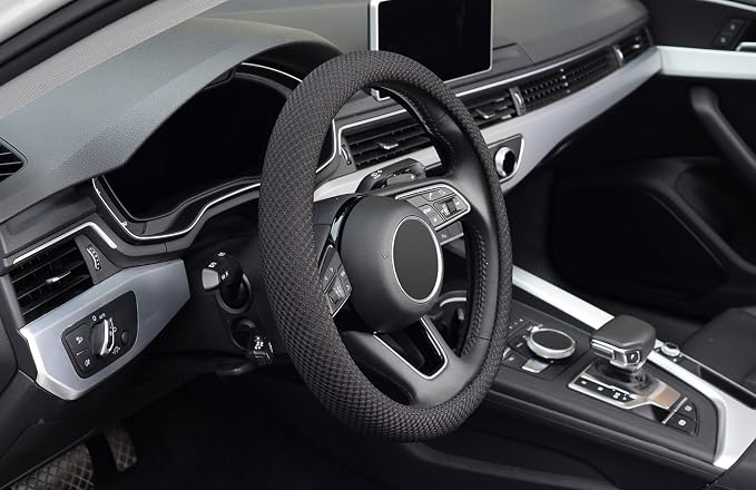 ZHOL Steering Wheel Cover Universal 15 inch Microfiber Breathable Ice Silk Steering Wheel Covers Anti-Slip Car Interior Accessories for Women Men, Warm in Winter and Cool in Summer, Black