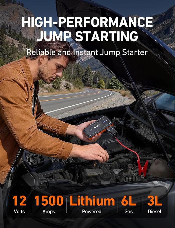 AstroAI S8 Car Battery Jump Starter 1500A – Portable 12V Lithium Jump Box with 3 Mode Flashlight, Power Bank & Smart Jumper Cables - for 6.0L Gas and 3.0L Diesel Engines
