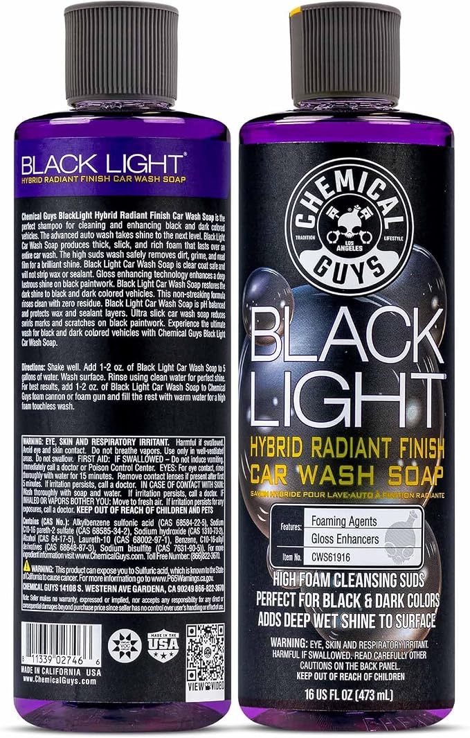Chemical Guys, Black Light Hybrid Radiant Finish Car Wash Soap, 2 x 16 oz | Gloss-enhancing pH-balanced soap cleans and deepens shine on dark paint, gentle in cannons, guns or buckets