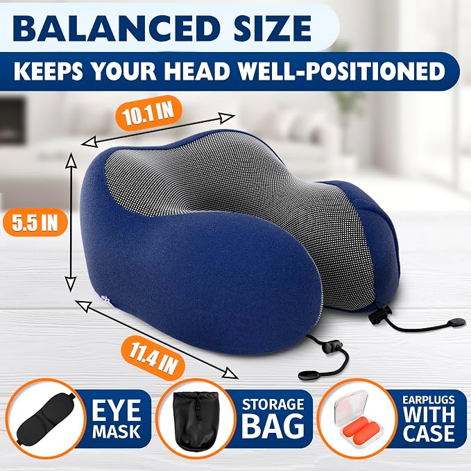 100% Memory Foam Neck Support Pillow with Adjustable Snap Buttons & Head Support – 4-in-1 Kit with 3D Eye Mask, Earplugs & Washable Cotton Cover – Neck Pillow for Plane Travel, Car, Train & Bus (Blue)