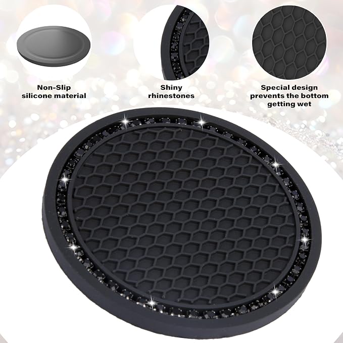 BFXM 2 PCS Bling Cup Holder Coasters for Car, 2.75 inch Diamond Universal Non-Slip Silicone Cup Holder Coasters, Sparkly Bling Car Accessories for Women(Black Diamond)