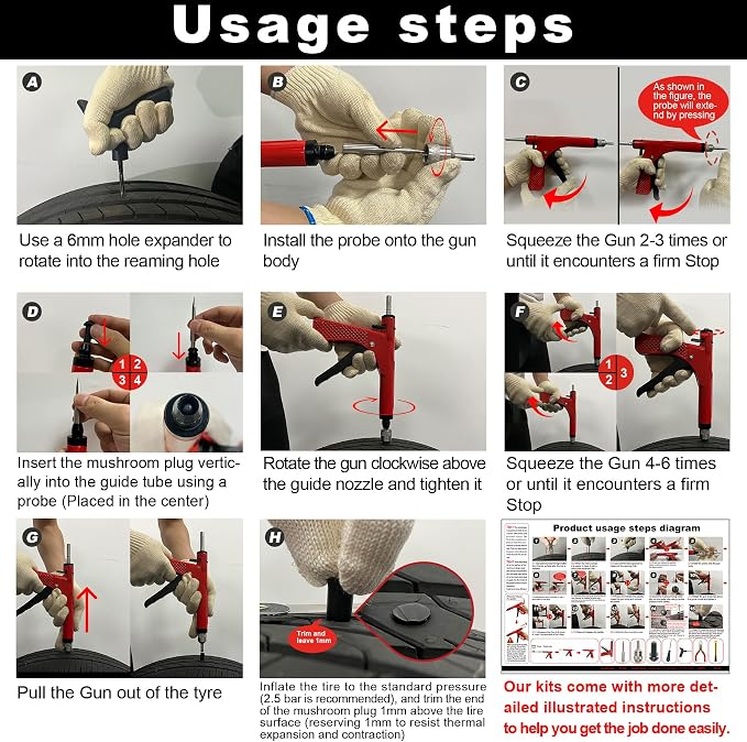(New model in July 2026) Richcat Tubeless Tire Puncture Repair Kit with Mushroom Plug, repairs punctures and flat tires for motorcycles, cars, trucks, ATVs,Gun Puncture Repair Kit