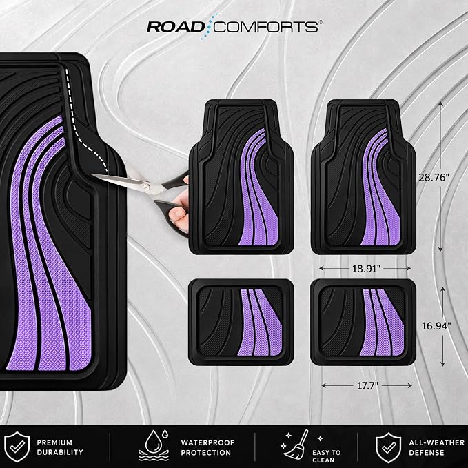 Road Comforts Car Floor Mats Full Set – Front & Rear Car Floor Mats with Aluminum Design, Anti-Slip Backing, All-Weather Protection, Trim-to-Fit Car Mats for Most Sedans, SUVs & Vans - Lighet Purple