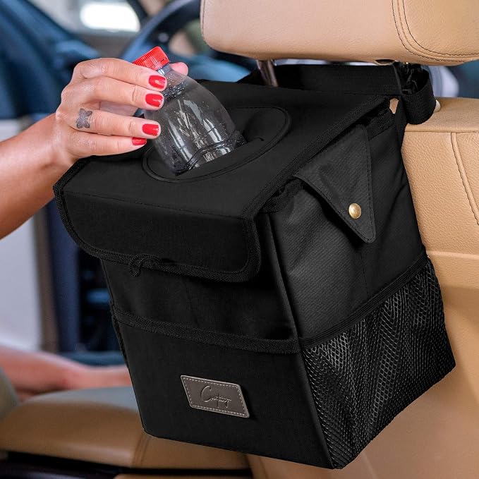 Creathing Car Trash Can [Touring Edition] - Removable Liner - 100% Leakproof, Odor Control Lid, Hanging Garbage Bin for SUV, Truck, Car (2 Gal, Black)