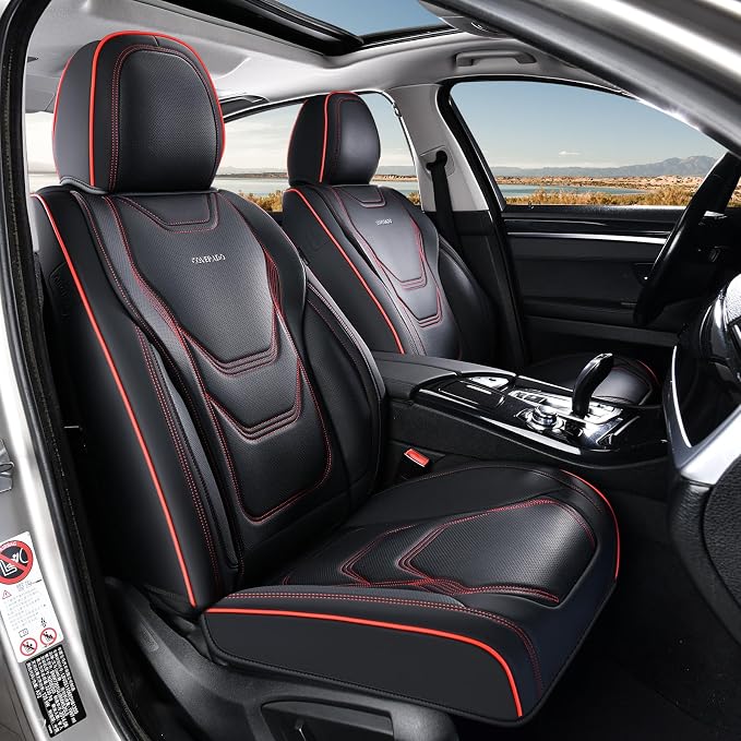 Coverado Car Seat Covers Full Sets, 5 Piece Car Seat Protector Waterproof Leather Seat Cushion Universal Fit for Truck Automotive Vehicles Black&Red