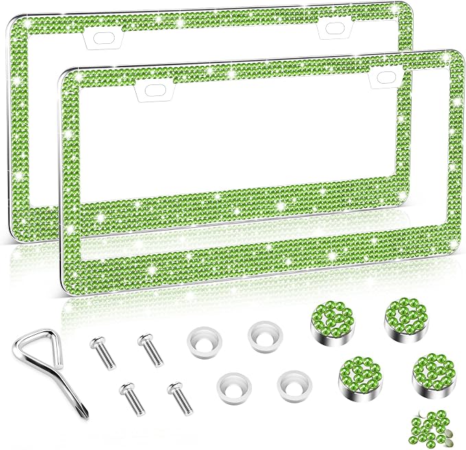 Amiss Bling License Plate Frame for Women, 2Pack Rhinestone Handcrafted Crystal Premium Stainless Steel, Stainless Steel Car Decorative Accessories with Diamond Sparkle Glitter Caps (Green)
