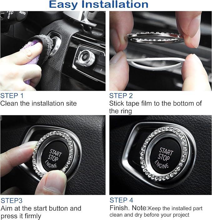 2pcs Bling Car Engine Start Button Cover Diamond Crystal Push Start Stop Button Ring Sparkly Bling Ignition Button Cover Rhinestone Keyless Ignition Ring Universal Car Accessories (Silver)