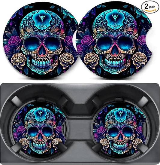 2 Pack Skull Roses Car Coasters for Cup Holders,Neoprene Anti Slip Mat | 2.75" Universal Size,Auto Rubber Drink Coasters Decor Car Accessories Interior Skull Roses Gifts for Women Men