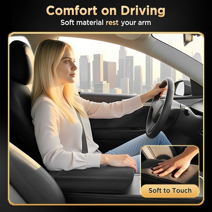 for Tesla Model Y (2020-2024) & Model 3(2021-2023) Leather Center Console Cover [Soft Touch & Match Seat Color] Armrest Cover for Tesla Model 3 & Model Y Accessories Black