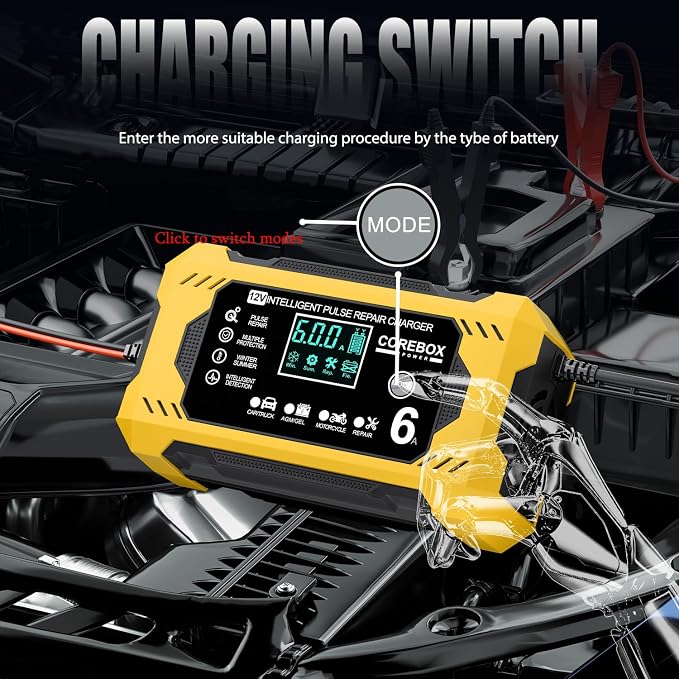 Corebox Battery Charger 6-Amp 12V Automatic Smart Battery Trickle Charger, Battery Maintainer Desulfator with Temperature Compensation for Car Truck Motorcycle Lawn Mower Marine