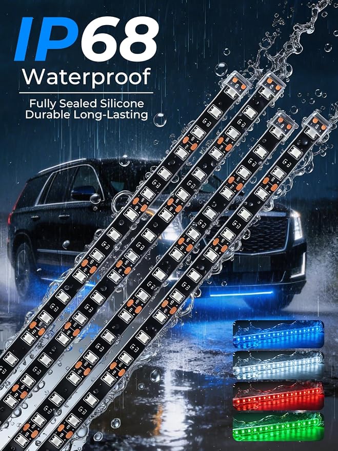 Car LED Strip Lights IP68 Waterproof Cuttable 12inch Blue 4 Pcs | 12V Footwell & Underbody Lights, 18pcs 5050 SMD, interior & exterior light, fits SUVs, trucks, motorcycles, boats, golf carts