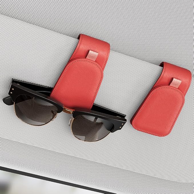 Sotfamily Sunglass Holder for Car Visor, Red, 2 Packs | Suede Cloth, Magnetic, Organizer for Car Accessories