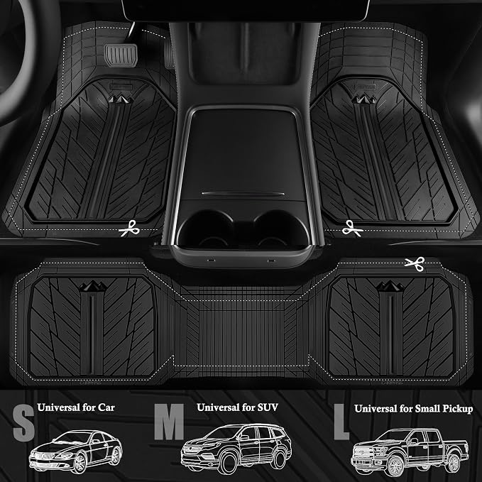 CAR PASS Floor Mats for Cars M-L Size, Heavy Duty Rubber Floor Mats with Trunk Cargo Liner, Universal Trim-to Fit Automotive Floor mats for Truck Van SUV Waterproof All Weather Car Mats Solid Black