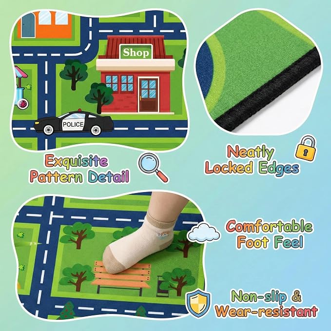 Non Slip City Road Traffic Carpet for Toy Cars, Kids Play Rug 3x5 Feet Education Town Map with Zoo and Shop Learning Area Rug for Boys Girls Playroom Bedroom