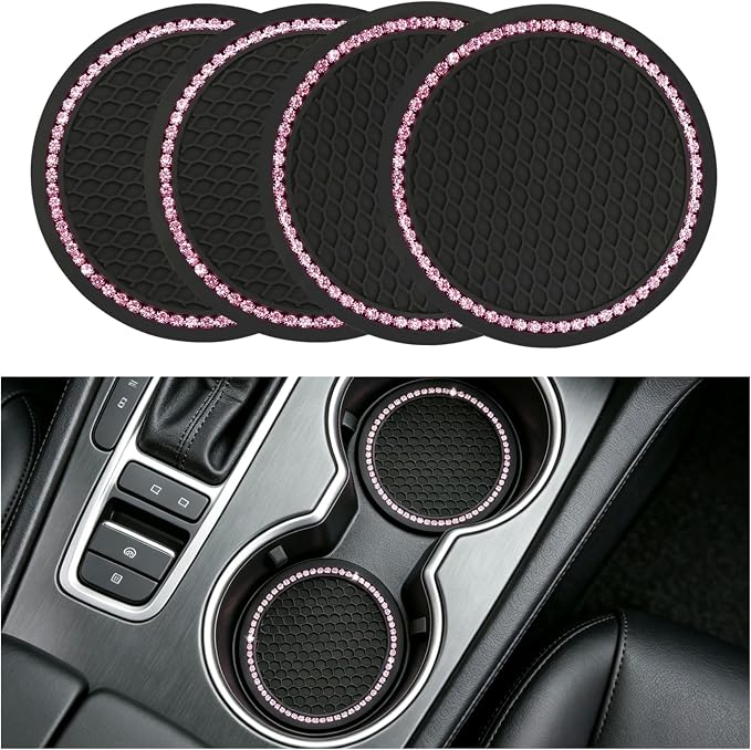 Yousheng 4PCS Bling Car Cup Coaster, Universal Holder Insert Rhinestone Anti Slip Silicone Accessories Suitable for Most Interior, Best Gift Women, Black and Pink
