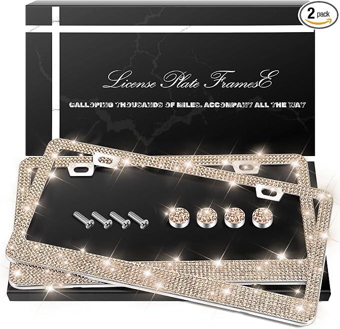 QUANQIUFEI 2 Pack Bling License Plate Frames, Sparkly Rhinestone Diamond Car License Plate Cover for Women, Stainless Steel Car Accessories with Glitter Crystal Caps (Light Peach)
