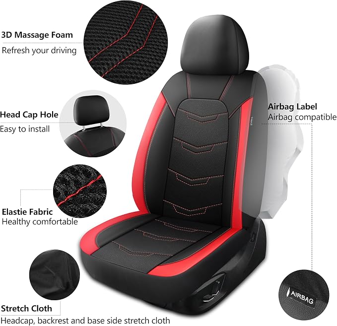 HChengkikz Front Car Seat Cover, Breathable and Sporty (Black + Red) | Leather, Universal Fit for Most SUVs, Cars, Sedans, Trucks, Airbag Compatible, Easy to Install