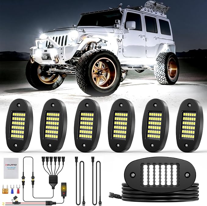Hovano 6 Pods White Rock Light Kit with Wired Switch - 6500K Pure White LED Underglow, IP68 Waterproof, Super Bright 36 LEDs for Trailer Off Road SUV UTV ATV RZR Car
