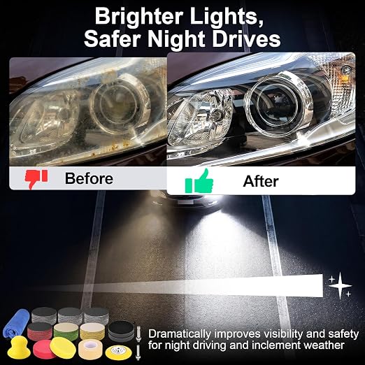 3 Inch Wet Dry Headlight Restoration Kit, Drill Sanding & Polishing Attachment with 800-5000 Grit Sandpaper Discs, 1/4 Shanks, Foam Pads, 3.5'' Face Buffing Polishing Pads, Masking Tape
