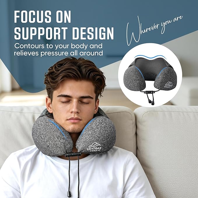 SkytraxComf® Travel Neck Pillow with Hood for Privacy on Long Flights | Memory Foam | Airplane Sleep | Safety-Tested Materials | Extra Large Hood | Chin Support | Earplugs | Washable Cover