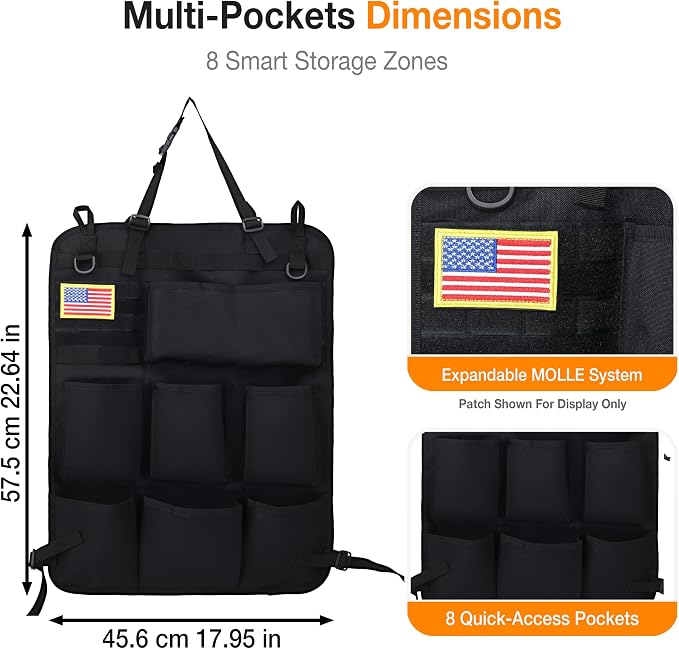 Tactical Car Seat Back Organizer with 8 Pockets, MOLLE Seat Organizer with Hook & Loop Panel, Universal Fit for Car SUV Truck Jeep