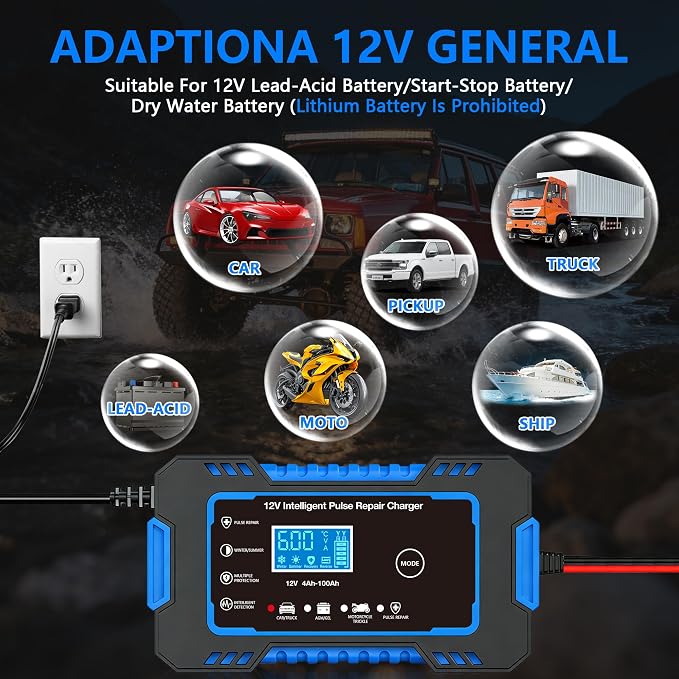 12V 6-Amp Battery Charger, Smart Trickle Charger & Maintainer Blue | Battery Desulfator, Winter & Summer Mode, Lead-acid Battery Chargers, for Car Truck Motorcycle Lawn Mower Boat