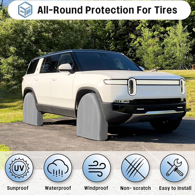 OutdoorLines Waterproof Tire Covers Set of 4 | UV Proof Trailer Wheel Cover for RV Jeep Trailer Camper Van Truck, Universal Tire Covering Fits Diameters 33"-35", Gray