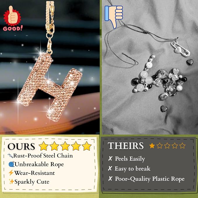 Bling Car Accessories for Women Letter Charm, Rainbow Crystal Rearview Mirror Pendant, Cute Diamond Rhinestone Car Decor, Lucky Gift for Women(H, Champagne Gold)