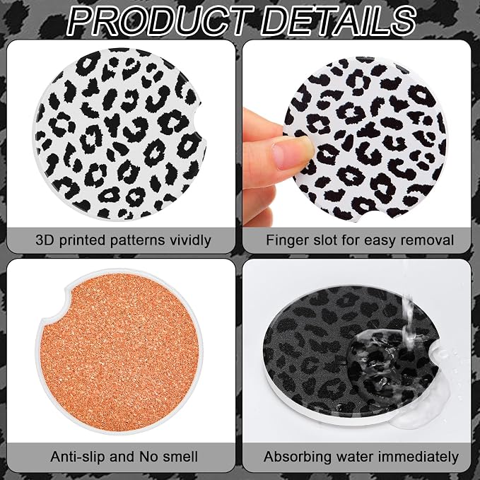 Boao 4 Pcs Leopard Car Cupholder Coasters for Valentine's Day, Ceramic Coasters 2.56'' Anti Slip Base with Finger Notch for Dry Clean, Car Interior Accessories, Birthday Gifts