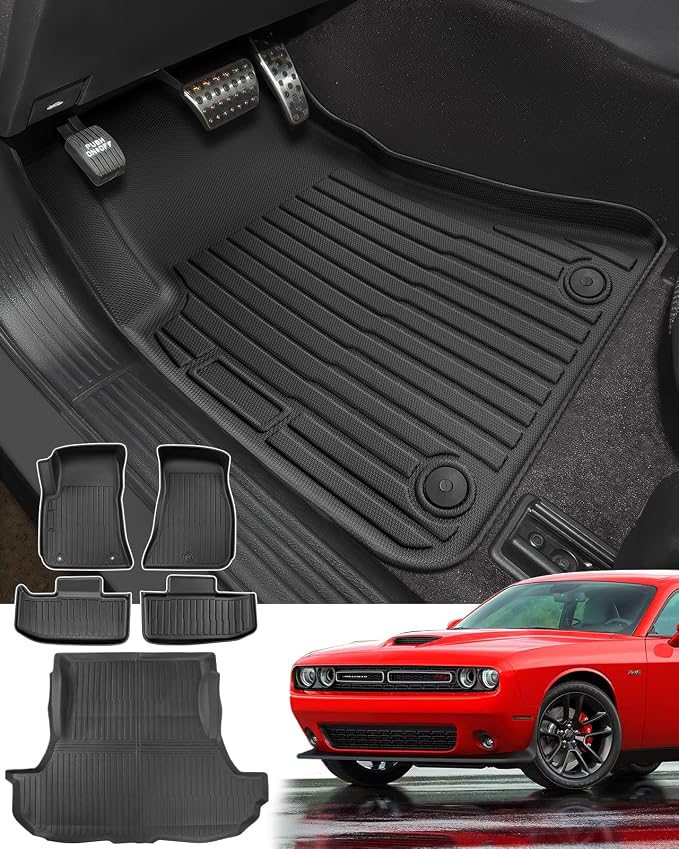 Car Floor Mats for Dodge Challenger RWD 2011-2023 5PCS Full Set | All Weather Full Coverage Floor Liners Heavy Duty Waterproof Long-Lasting Challenger Accessories TPE Rubber Carpet
