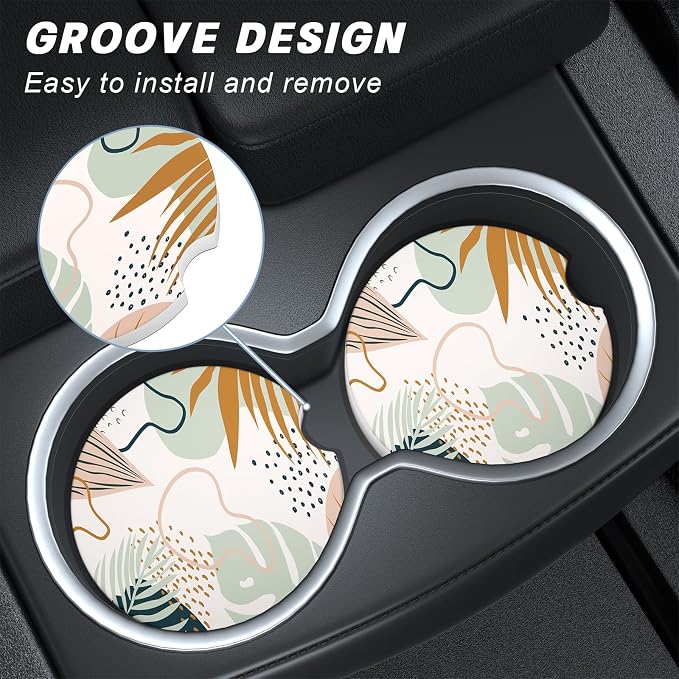 Aiawoxc Car Cup Holder Coasters, 2 Pack Universal Auto Anti Slip Insert Coaster with A Finger Notch, Cup Mat for Most Car Interior, Leaf