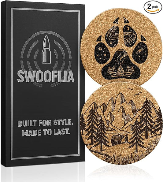 Swooflia Car Coasters for Men - Camping Cork Car Cupholder Coaster Cool Absorbent Mat Coaster with Cork Base 2 Pack Automotive Cup Holder Accessories New Driver Gifts