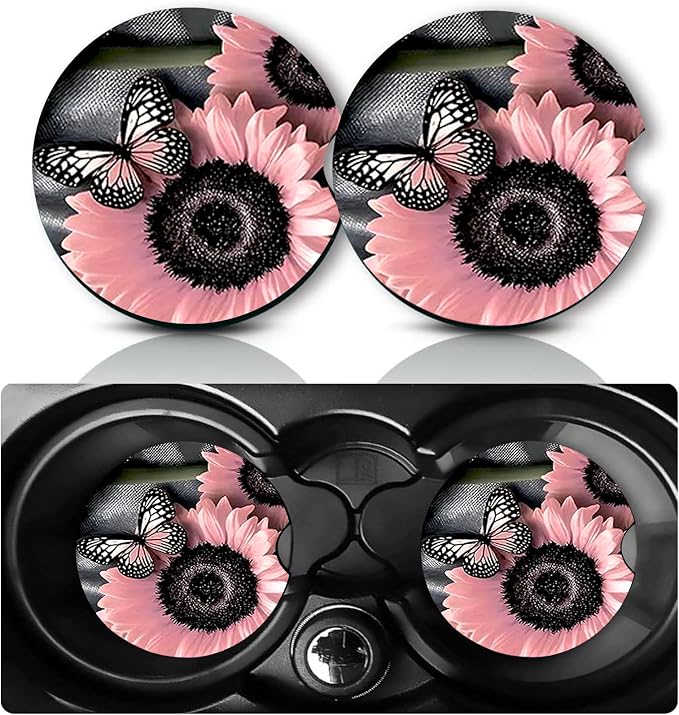 2Pcs Sunflower Butterfly Car Coasters,2.75" Neoprene Cup Holder Coasters | Universal Non‑Slip Mat, Drink Coaster Decor Auto Accessories Sunflowers Gifts for Women,Men,Mom