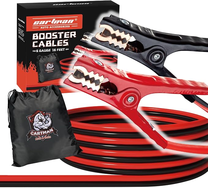 Cartman 6 Gauge 16 ft Jumper Cables for Cars and SUVs with Carry Bag | Rubber-Insulated Dual-Grip Clamps, High-Density CCA Core, Cold-Resistant Cable Jacket