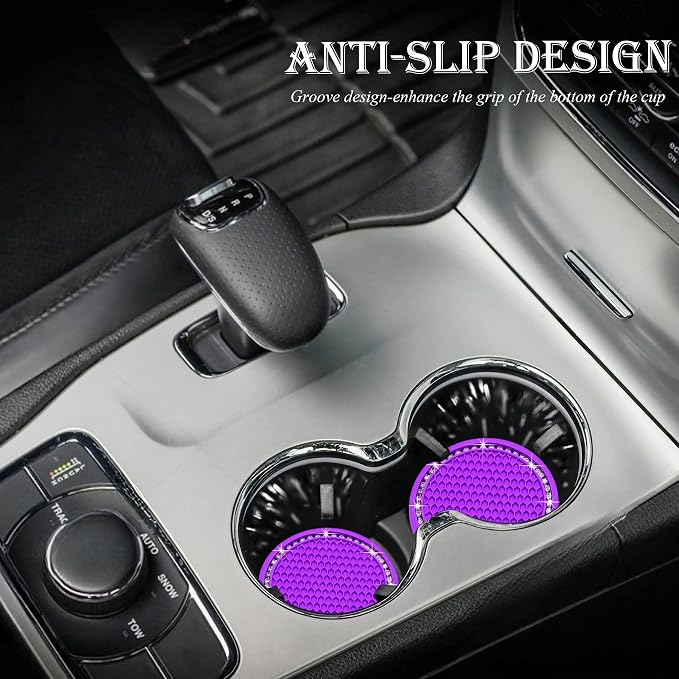 2PCS Bling Cup Holder Coaster, 2.75 Inch Auto Car Cup Holder Insert Coasters, Soft Silicone Anti-Slip Shockproof, Universal Vehicle Interior Accessories for Women Girls (Purple & White)
