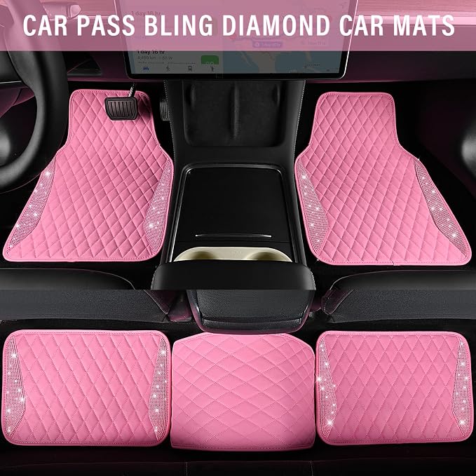 CAR PASS Bling Leather Car Mats Shining Diamond Floor Mats Crystal Rhinestones Sparkly Glitter Carpet Anti-Slip Waterproof Pad Universal Fit for Automotive SUV, Sedan, Van, 5pcs for Girl Women Pink