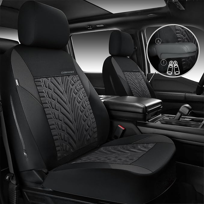 CAR PASS Neoprene Waterproof Seat Covers Two Front, Wetsuit Car Seat Covers 2pcs Universal Fit for Vans, Truck, SUV, 3D Tyre Embossed Seat Covers Anti Slip with Armrests, Aibag Compatible(Black Gray)