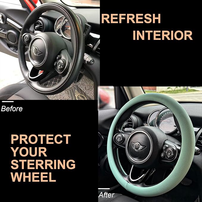 PINCTROT Large Size Nappa Leather Steering Wheel Cover, Slim Fit No Bulk Design, One Piece Leather with Breathable Perforation, Fit Like Gloves, 15.5-15.75 Inch(Nappa Mint)