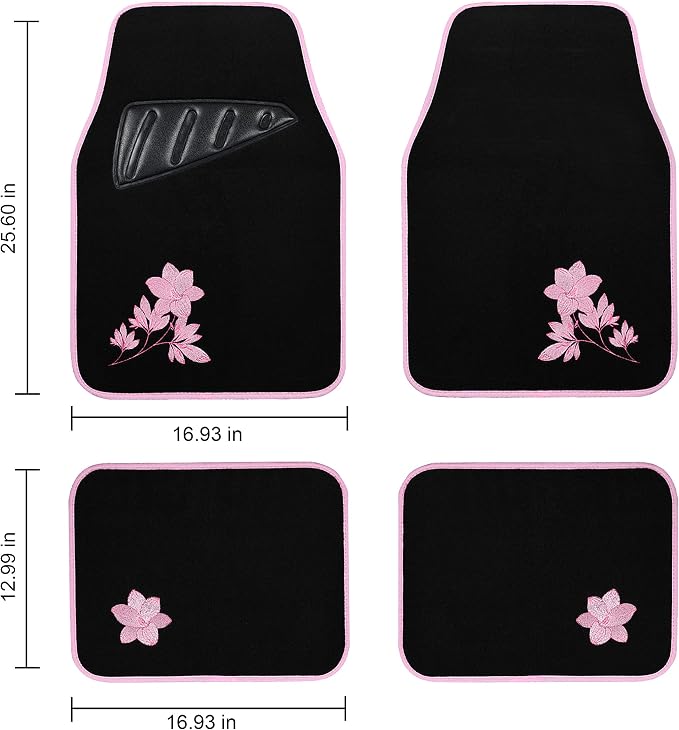 August Auto Universal Fit Flower 4PC Carpet Car Floor Mats with Heelpad Fit for Sedan, SUVs, Truck, Vans