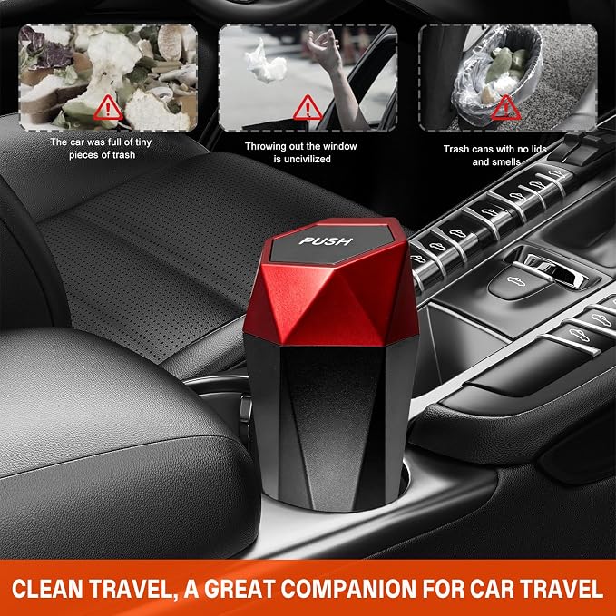 Car Trash Can with Lid, Waterproof Diamond Design Auto Cup Holder Trash Bin, Leakproof Mini Garbage Organizer for Vehicle Home Office Kitchen Bedroom, Car Accessories (Red)