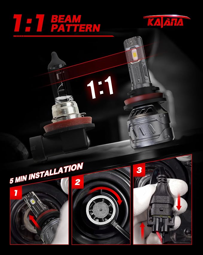 Katana H11 9005 Bulbs Combo,H9 HB3 800% Brightness 1:1 Size 6500K Fog of 4 | Plug and Play,Cooling Fan,360°Beam Angle